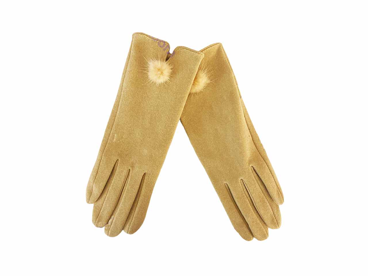 Guanto donna beige felpato con pon pon