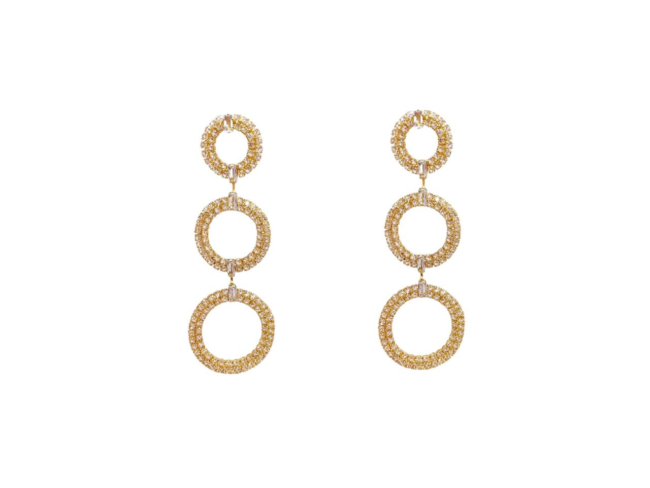 Orecchini con tre cerchi, strass e baguette oro