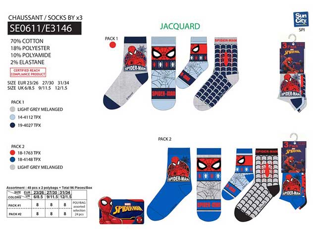 Spiderman calzini 3 pezzi tg 23/26 27/30 31/34 se0611