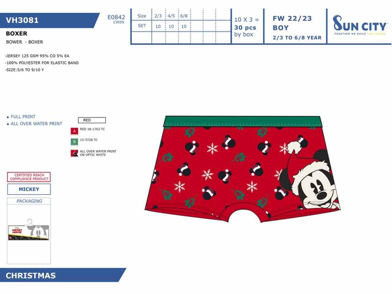 Mickey boxer taglia 2-8 anni 95% cotone 5% elastene