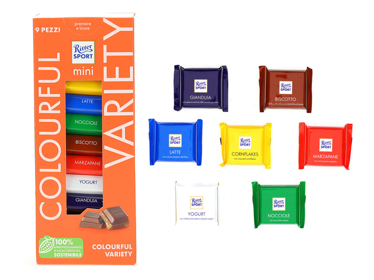 Tavoletta ritter sport mini da 150gr - la confezione comprende 9 gusti assortiti