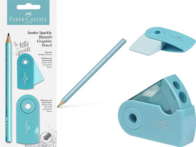 Matita disegni Faber Castell Jumbo Sparkle B con gomma e temperino turchese