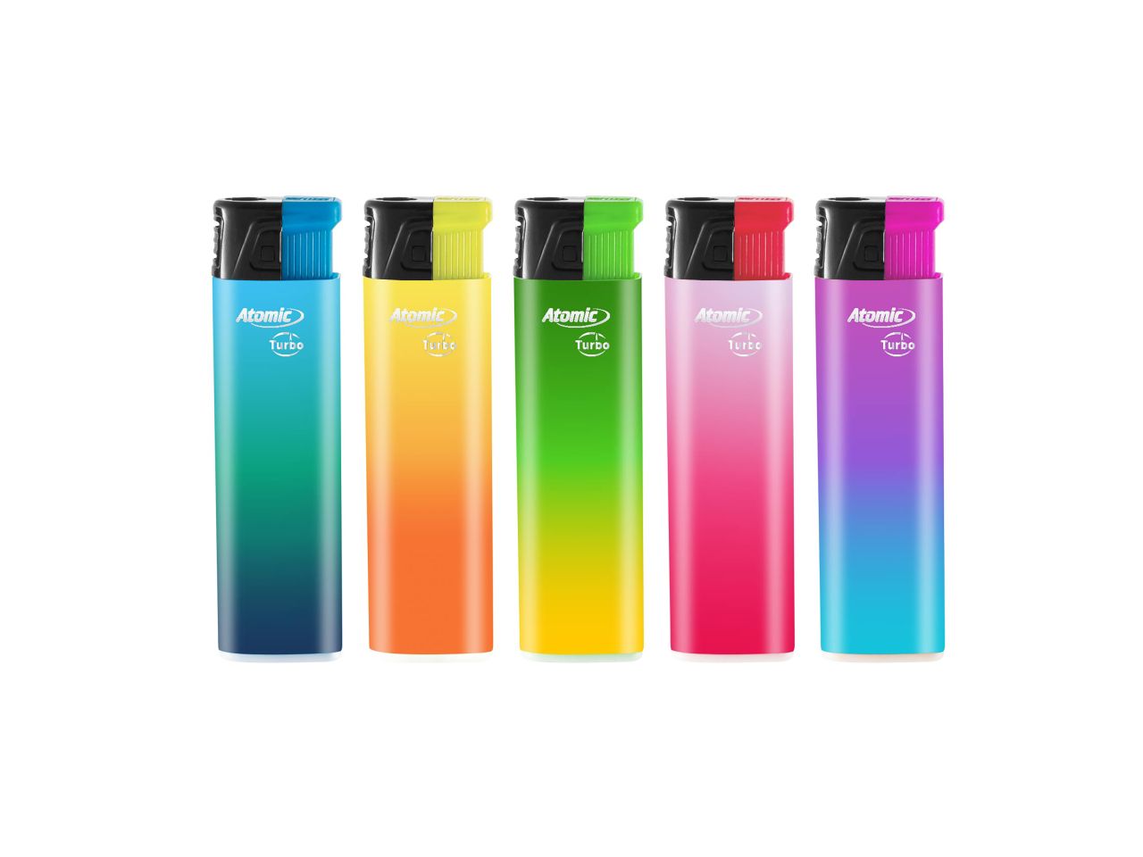 Accendino atomic electronic lighter powerflame fixed turbo flame ricaricabile colori assortiti. La confezione comprende 50 accendini