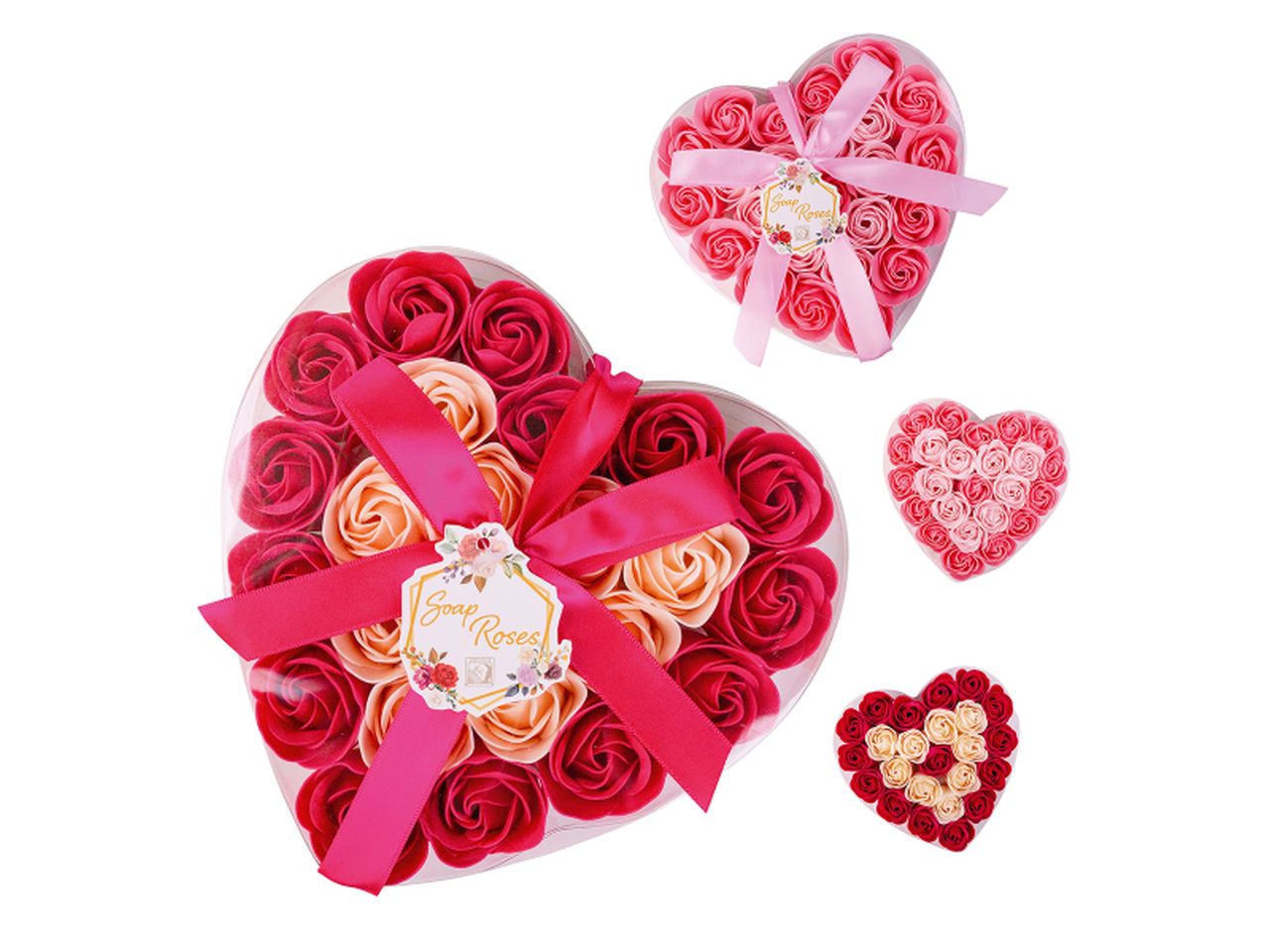 Confezione regalo a dorma di cuore con 24 rose da bagno da 4gr in due assortimenti