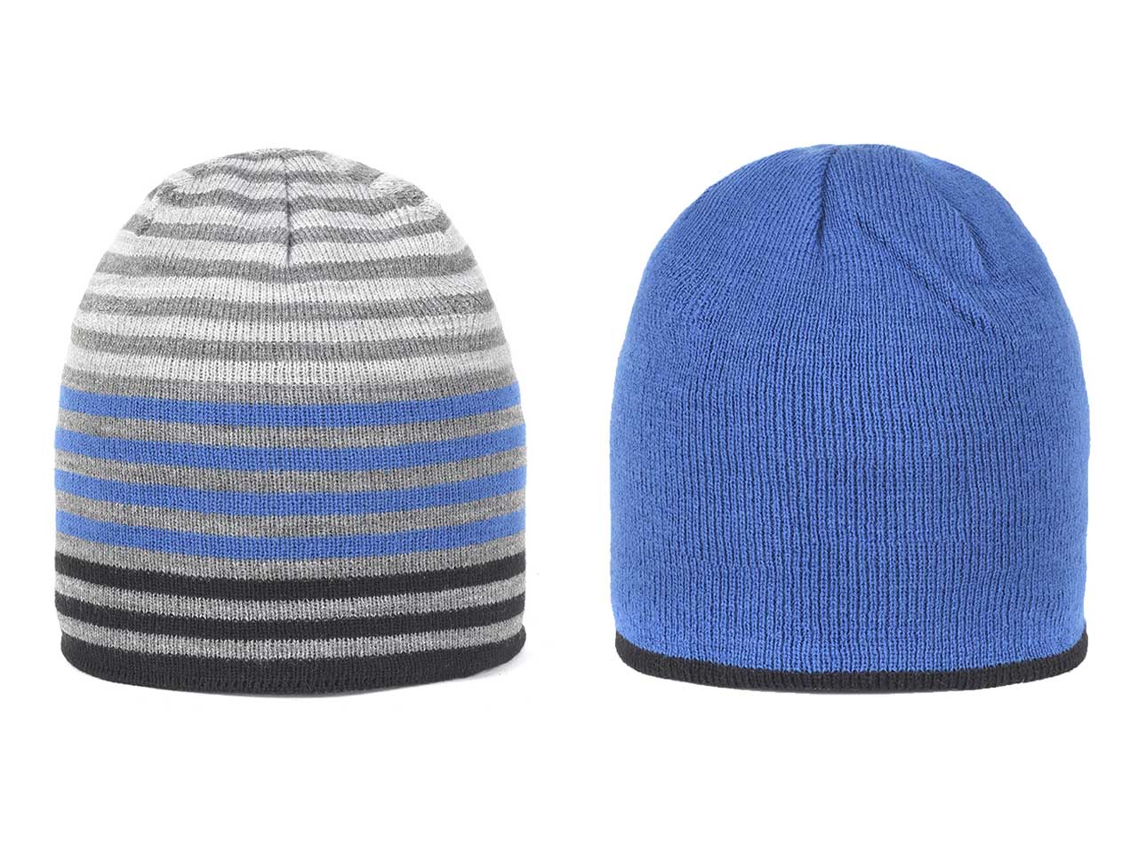 Cappello cuffia in maglia reversibile a righe con interno tinta unita blu