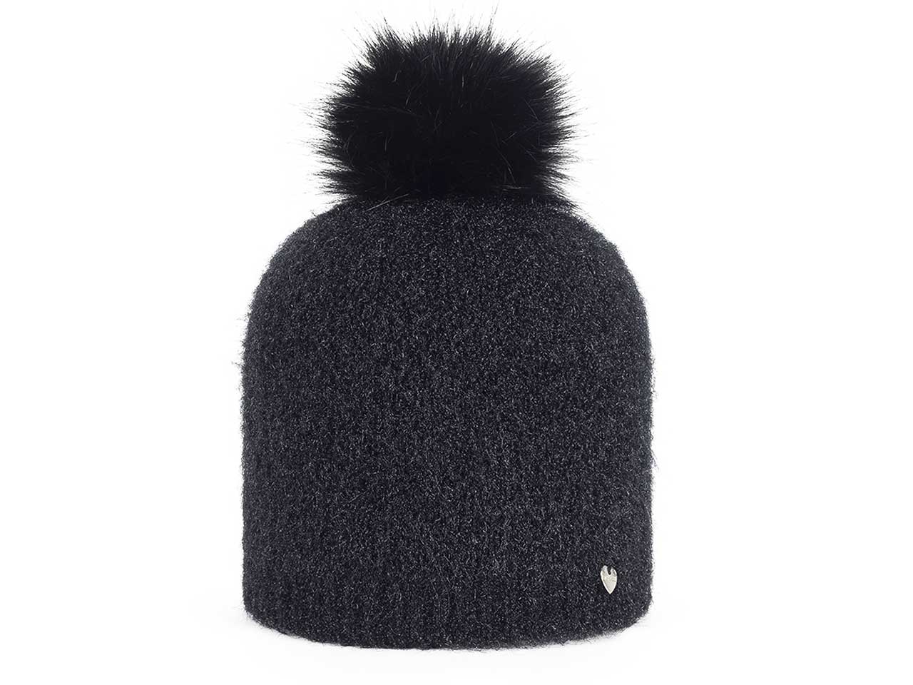 Cappello cuffia filato nero peloso luminoso con pom pon