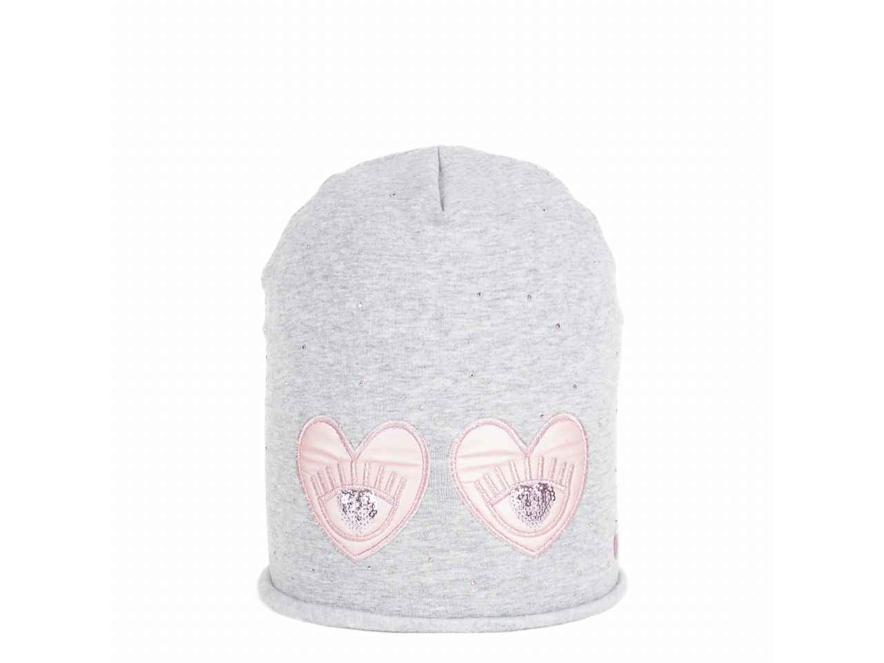 Cappello cuffia felpa grigio chiaro con patch occhi e paillettes