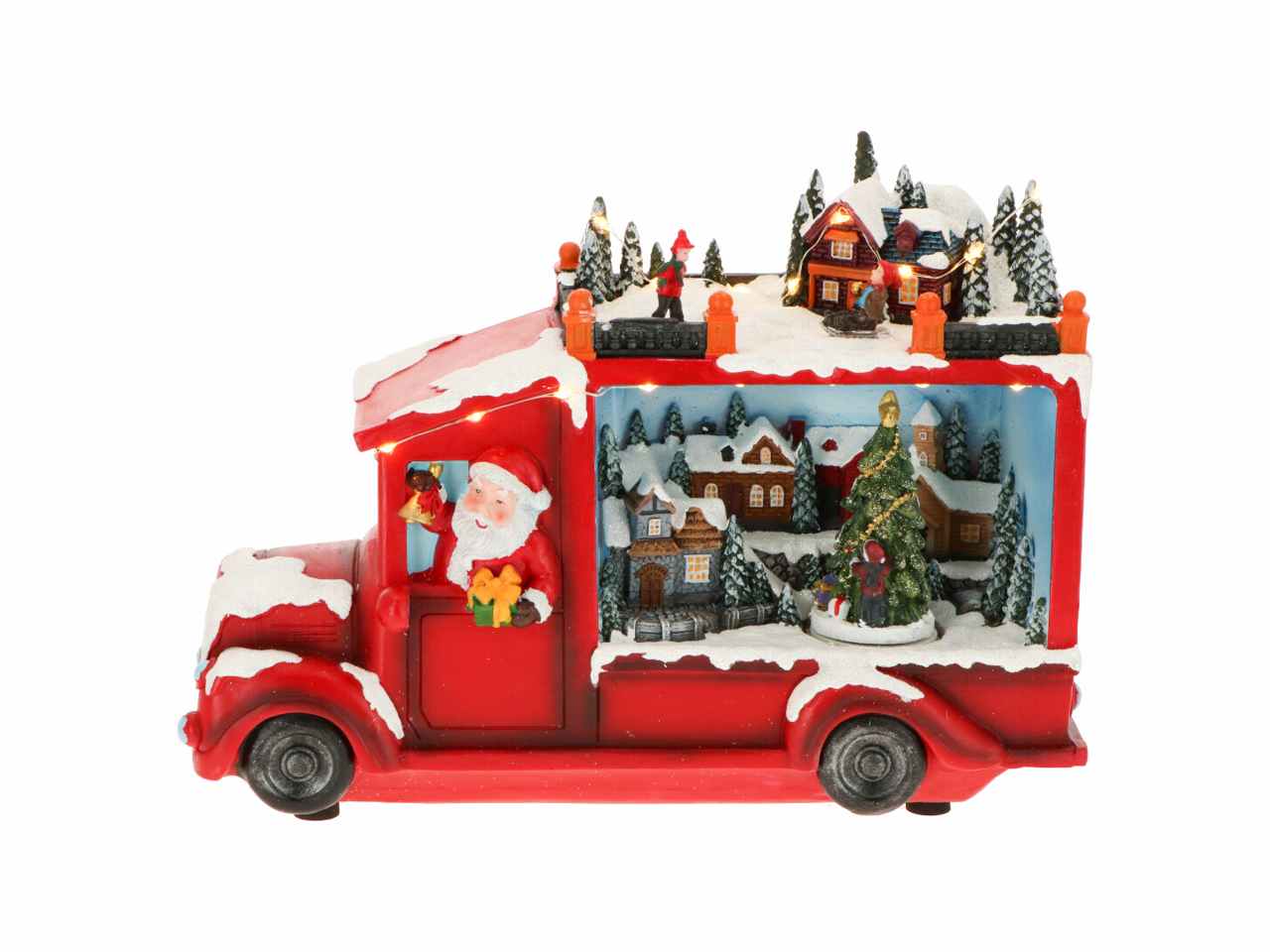 Camion rosso con scenario natalizio 30x10,5x22cm e led multicolor