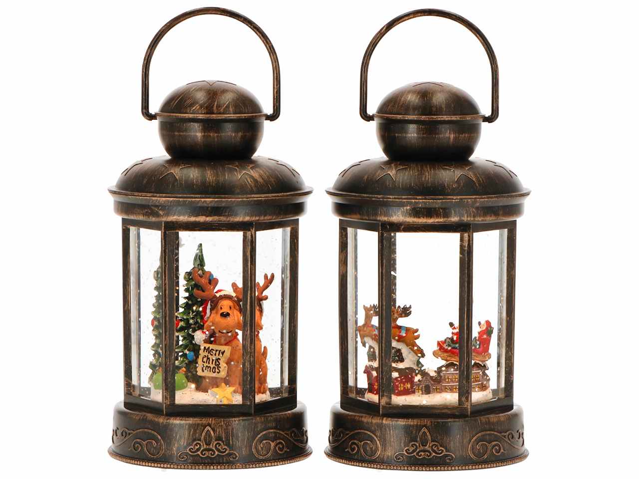 Giostrina lanterna bronzo antico con personaggio natalizio 10,1x10,1x18cm led funzionamento a batteria