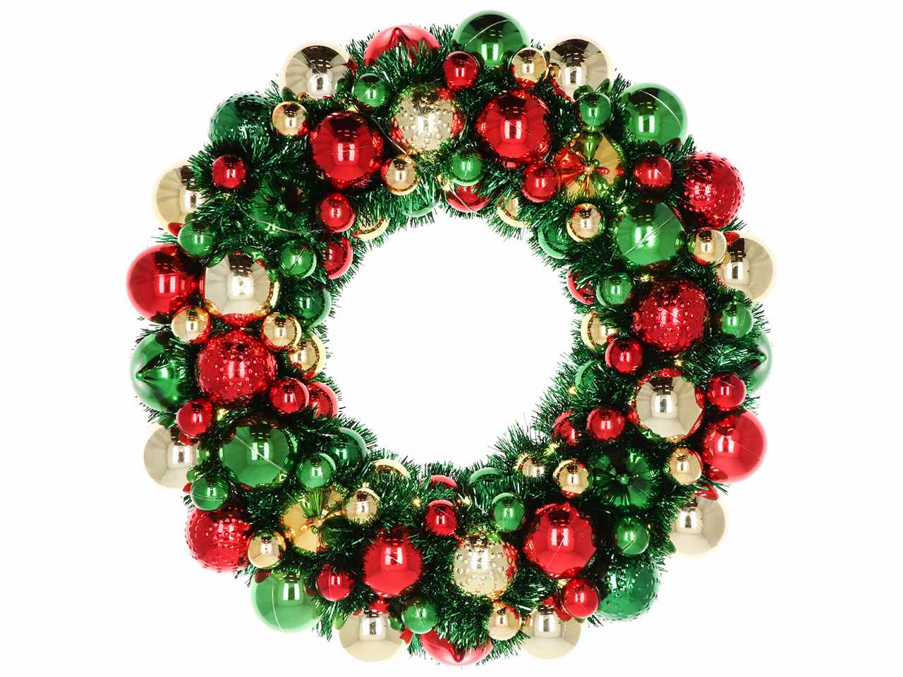 Corona filo verde e sfere rosse, oro e verdi
