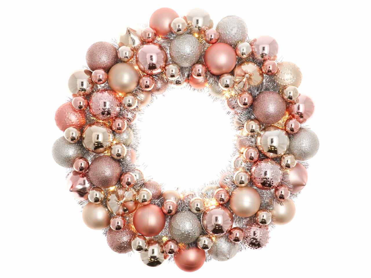 Corona filo rosa e sfere rosa, oro e argenti