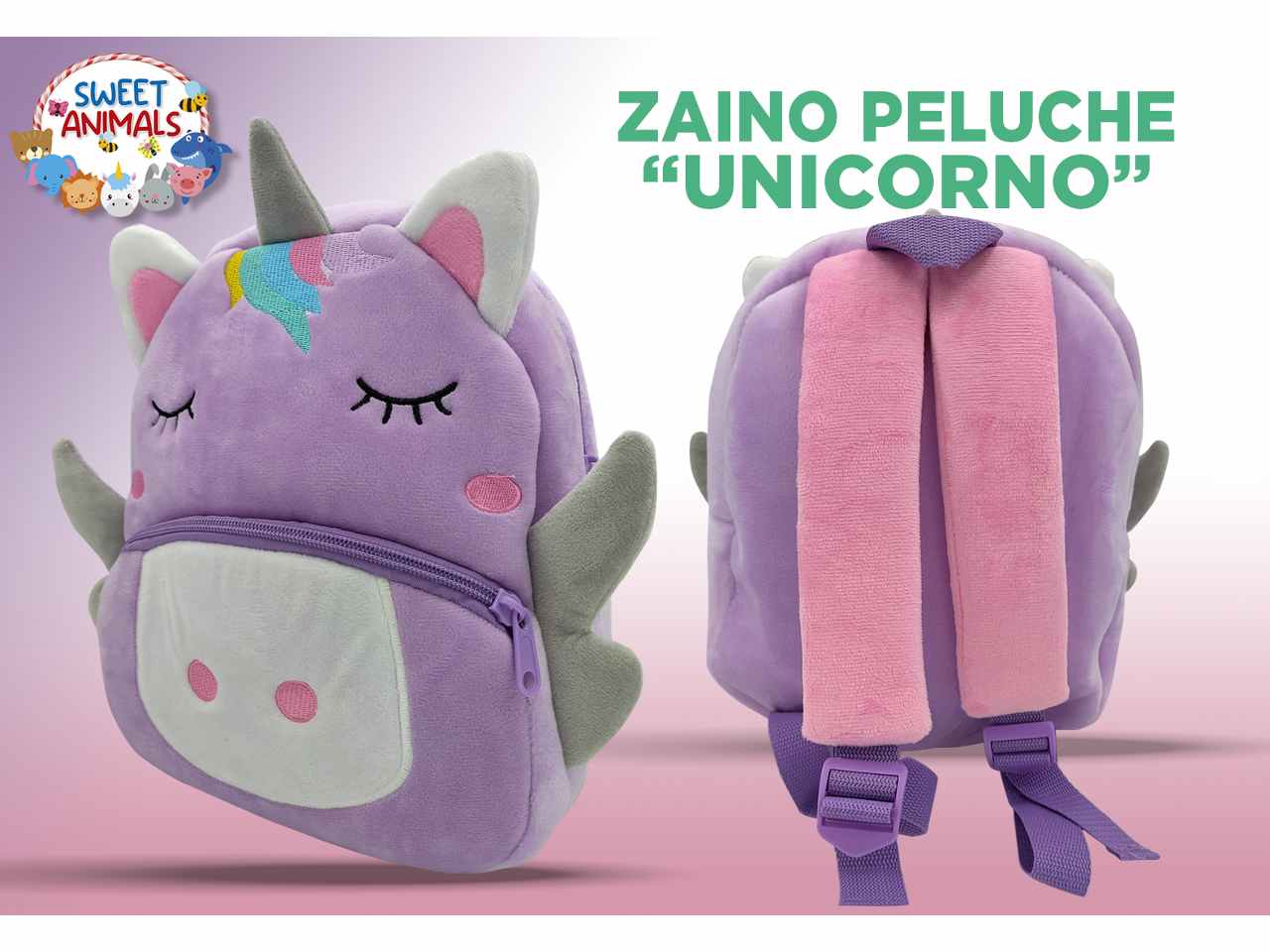 Sweet animals zainetto unicorno peluche misure 28x26x12cm