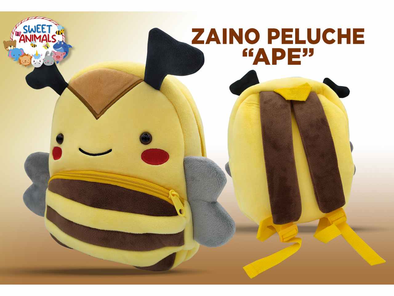Sweet animals zainetto ape peluche misure 28x26x12cm