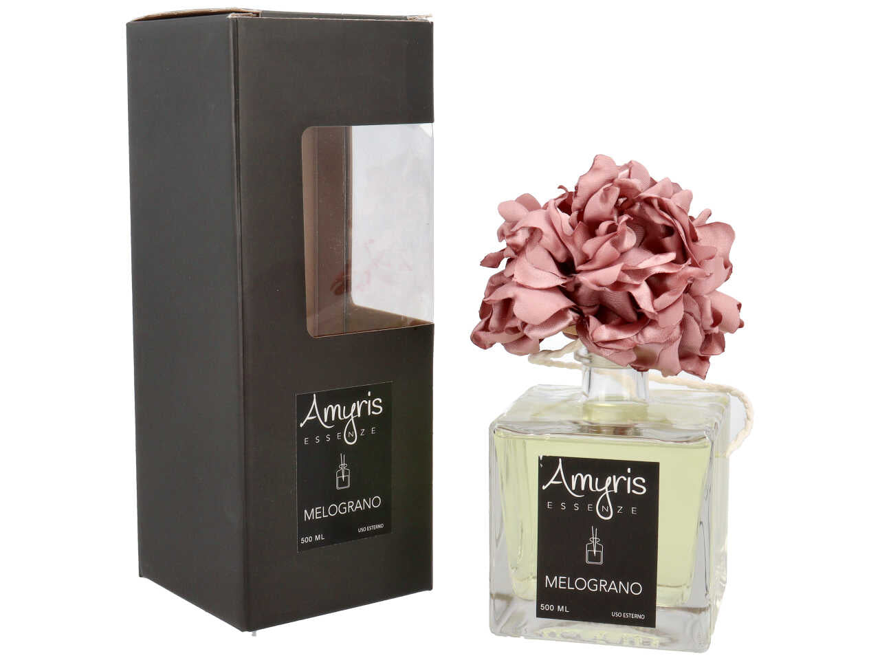 Diffusore con bacchette e fiore rosa confetto500ml al melograno