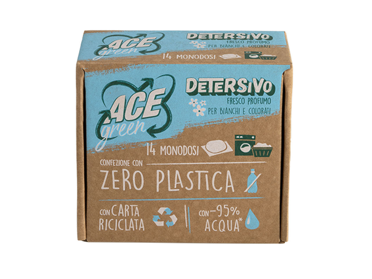 Ace green zero plastica detersivo fresco profumo per bianchi e colorati 14 pezzi monodosi