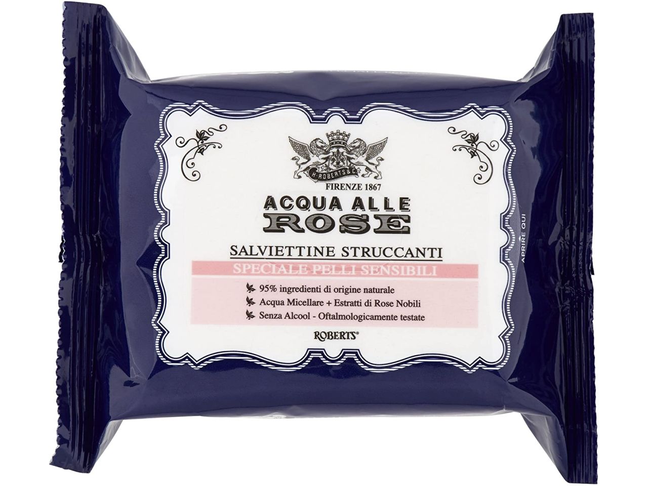 Roberts acqua di rose salviettine struccanti per pelli sensibili - confezione da 20 salviettine