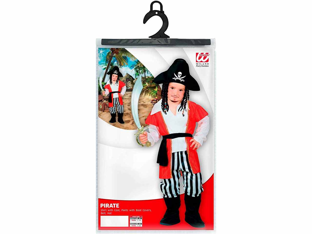 Costume pirata composto da camicia con casacca,pantaloni con copristivali,cintura,cappello 98 cm 1-2 anni