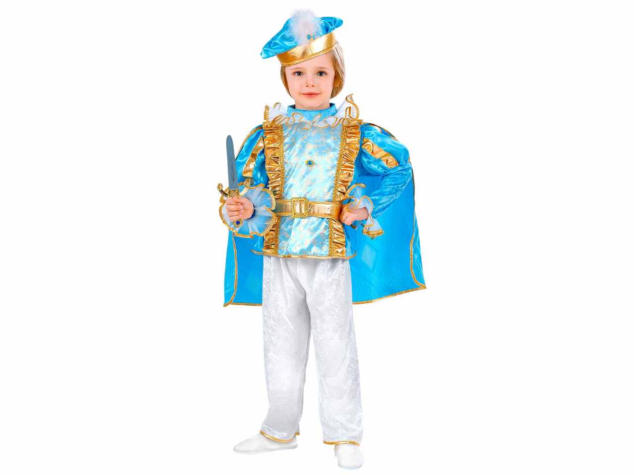 costume principe azzurro casacca con mantello, pantaloni, cintura, cappello 116 cm / 4-5 anni