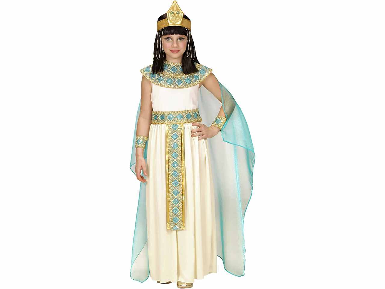 Vestito cleopatra con cintura,collare,braccialetti,copricapo e mantello 140 cm 8-10 anni