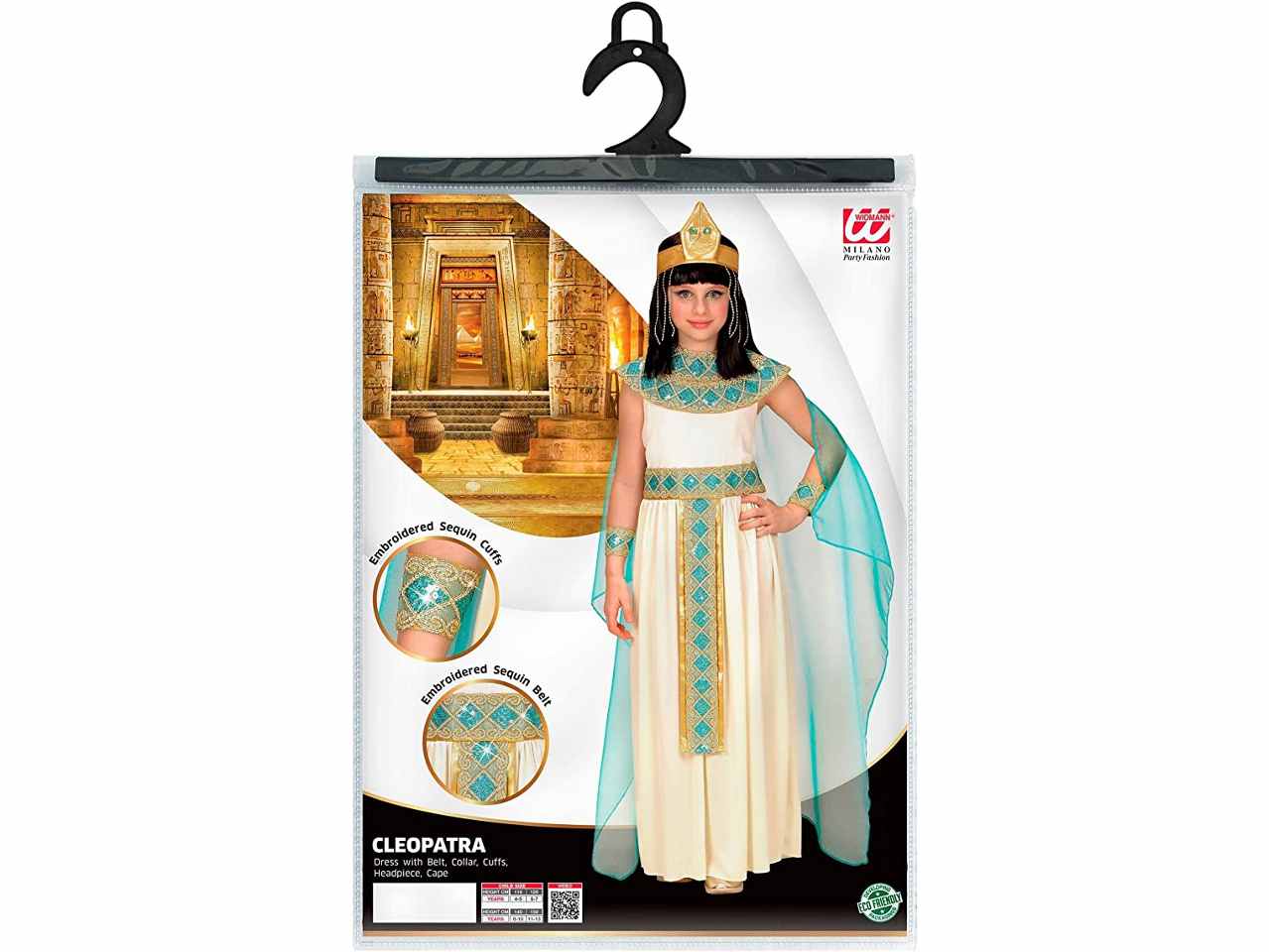 Vestito cleopatra con cintura,collare,braccialetti,copricapo,mantello 158 cm 11-13 anni