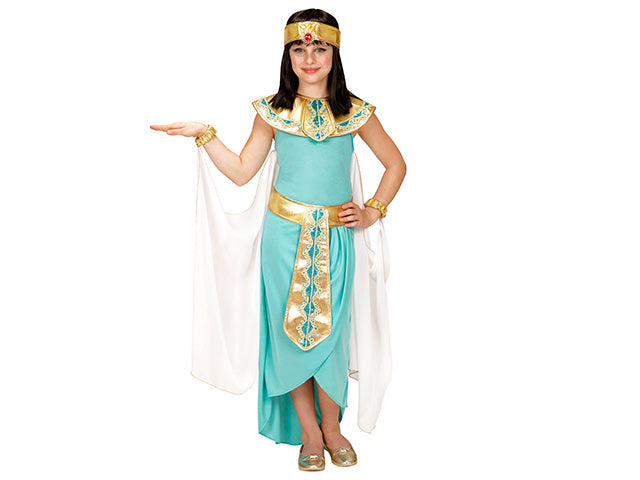 VESTITO REGINA EGIZIANA CON CINTURA,COLLARE,BRACCIALETTI,COPRICAPO E MANTELLO 158 CM 11-13 ANNI