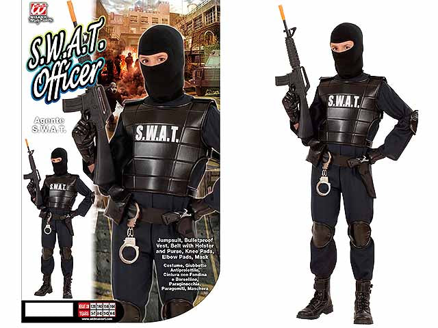 COSTUME AGENTE S.W.A.T.  COMPOSTO DA COSTUME, GIUBBOTTO ANTIPROIETTILE,CINTURA CON FONDINA E BORSELLINO, PARA GINOCCHIO 140 CM 8-10 ANNI