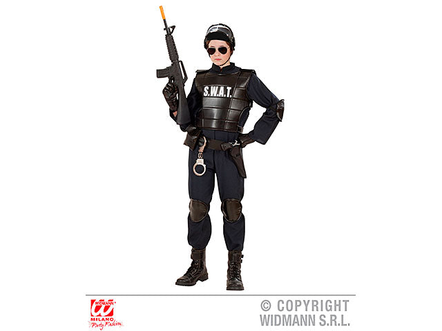 Costume agente s.w.a.t. composto da costume, giubbotto antiproiettile,cintura con fondina e borsellino, para ginocchio 158 cm 11-13 anni