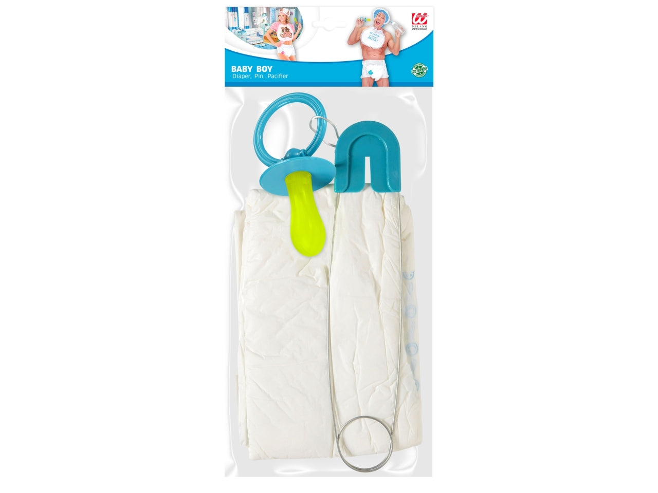Set baby colore blu - il set comprende pannolino, spilla da balia e ciuccio