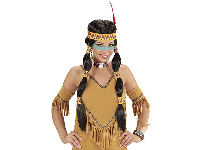 Parrucca da indiana squaw con fascia per testa e piuma