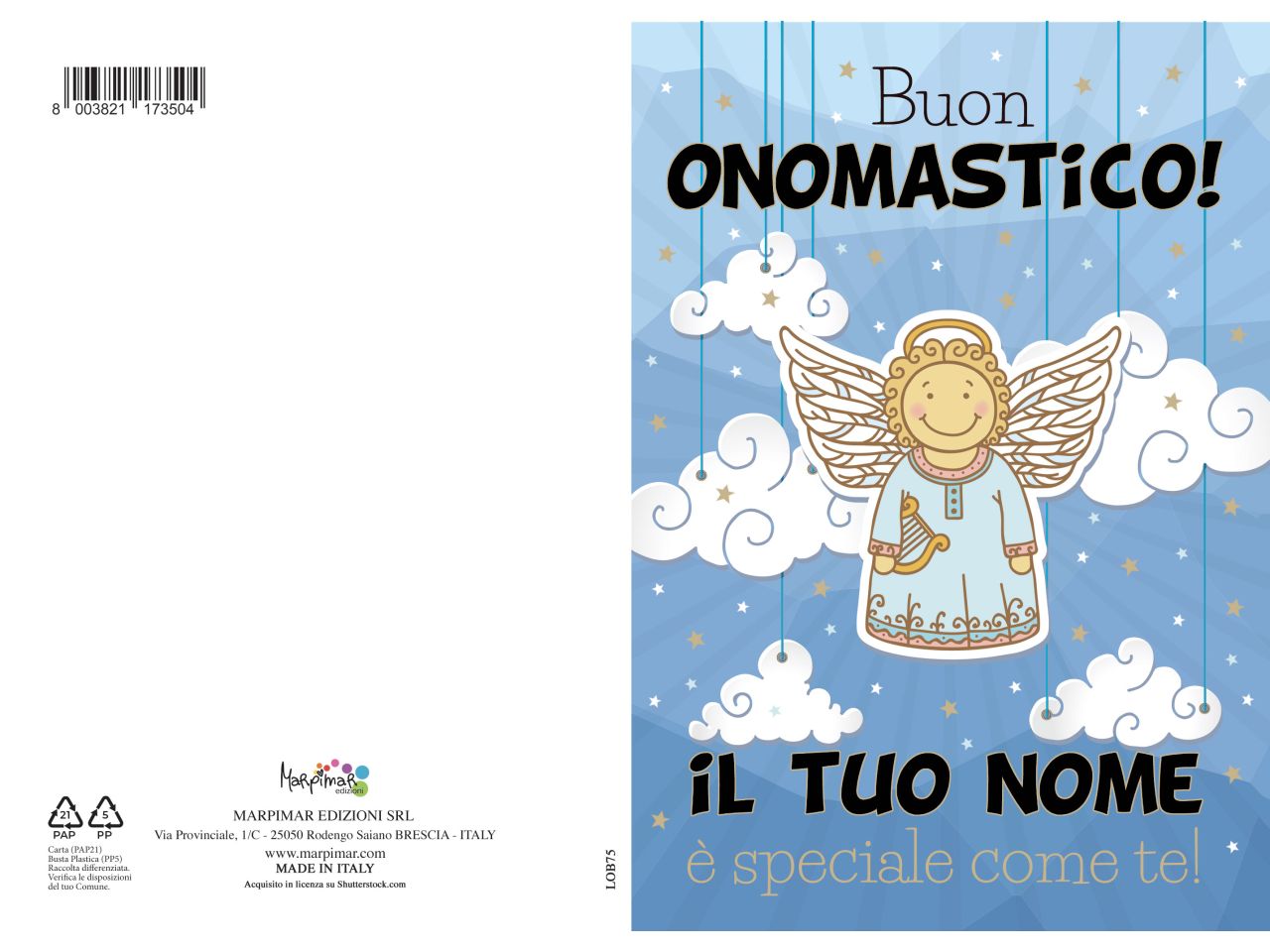 Biglietto auguri buon onomastico colore celeste con busta