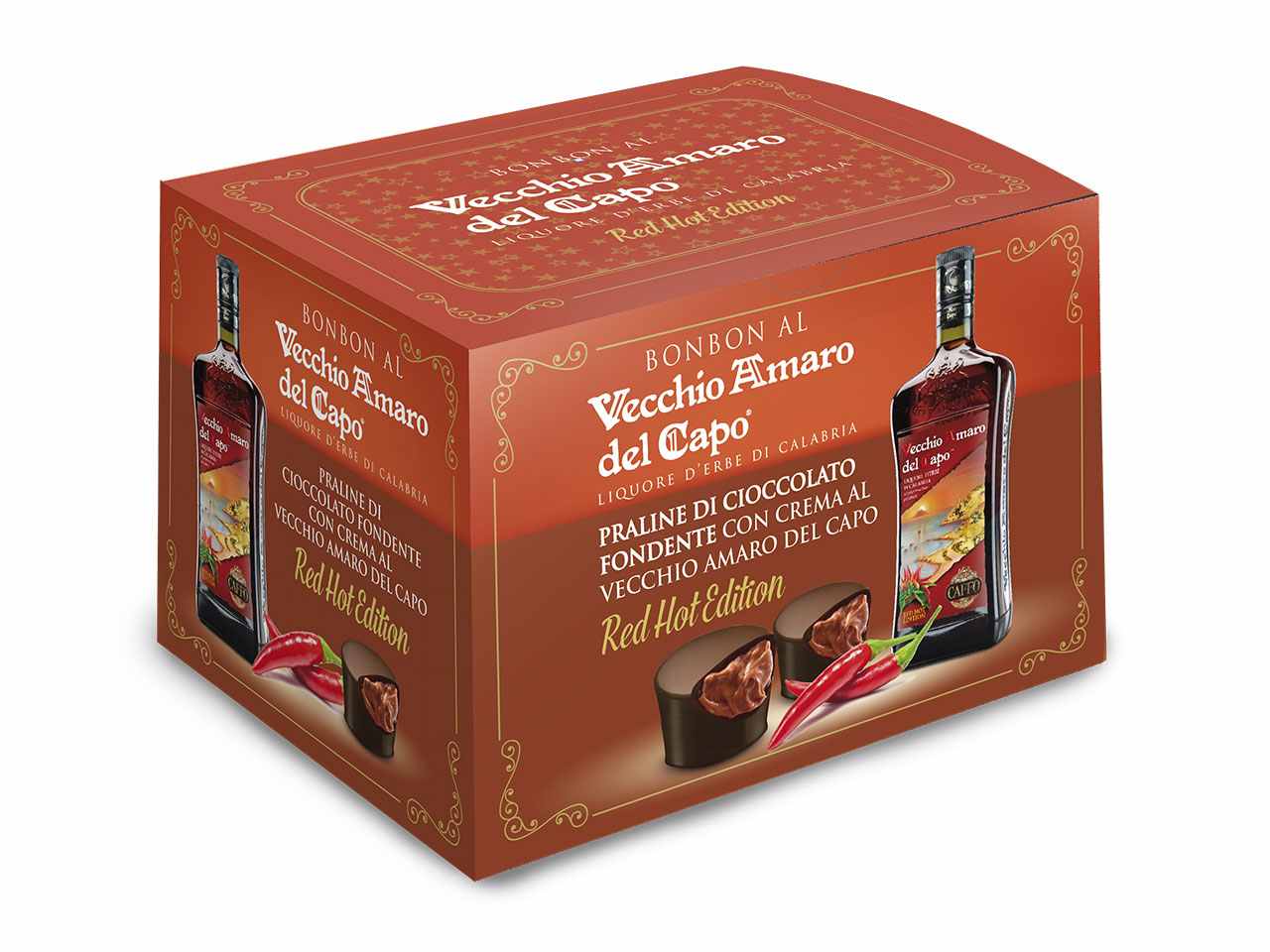 praline di cioccolato fondente con crema all'amaro del capo e peperoncino in confezione bauletto 250 grammi