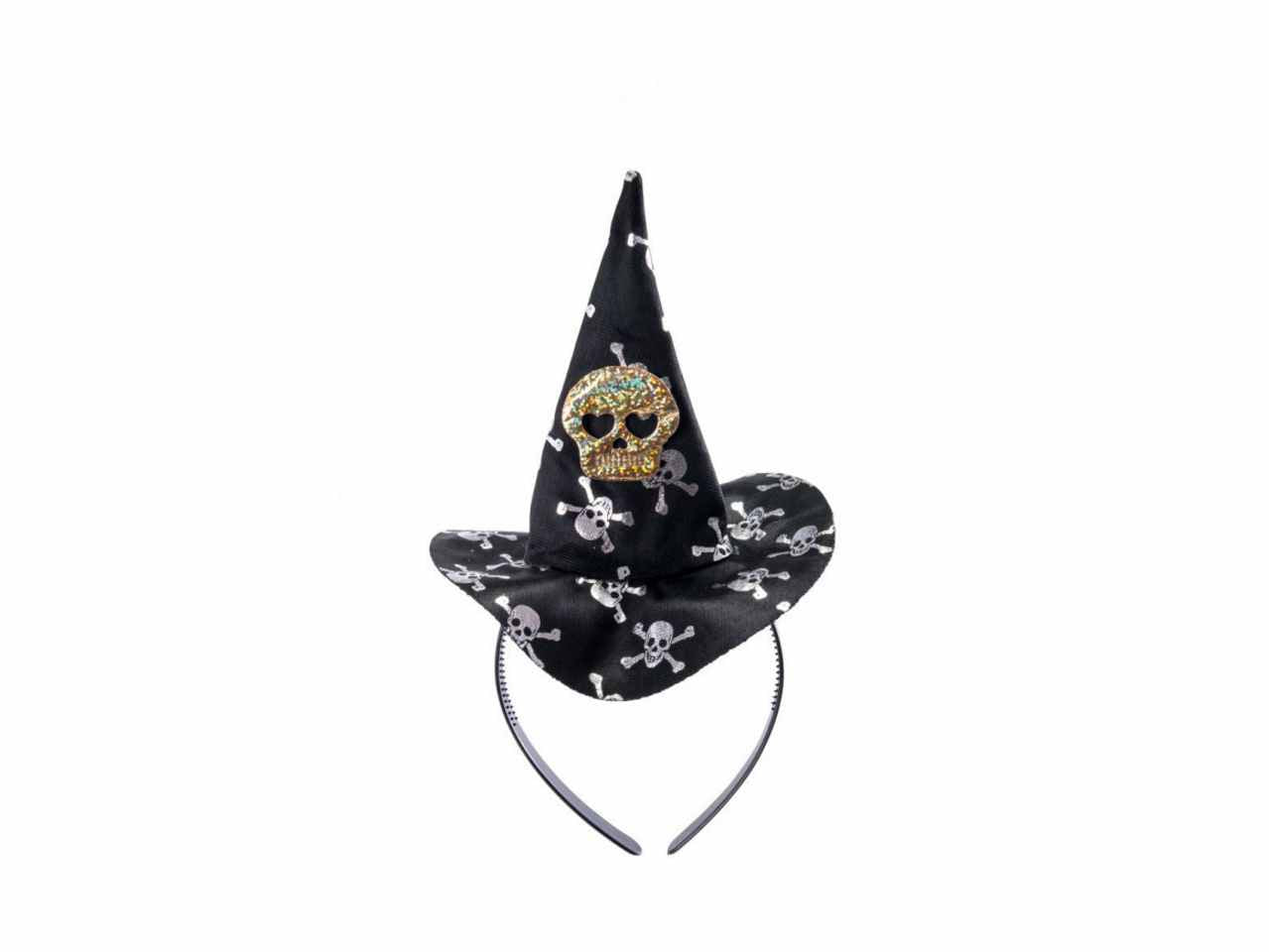 Cappellino strega nero in raso c/teschio e cerchietto h.cm.14 ca. c/cav.