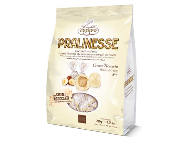 Pralinesse 250gr praline di cioccolato bianco ripiene con crema nocciola e croccanti cereali