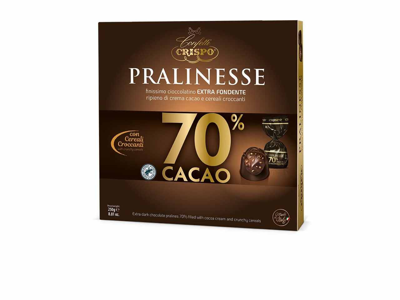 pralinesse di cioccolato extra fondente 70% ripiene con crema al cacao e croccanti cereali 250gr