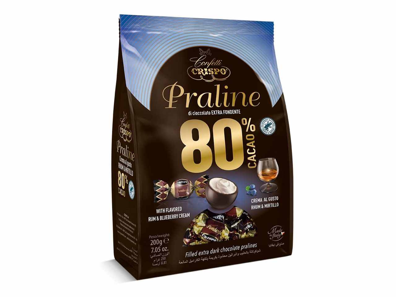 Praline di cioccolato fondente cacao 80% ripiene con crema al gusto rhum e mirtillo 200gr