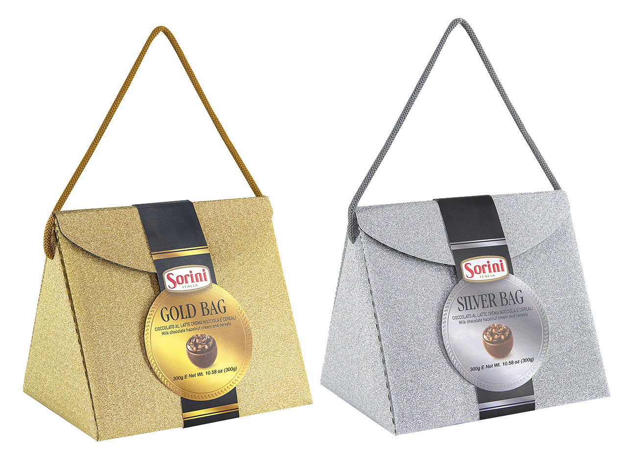 Borrsetta glitter grande 300gr con cioccolatini al latte ripieno di crema alla nocciola e cereali