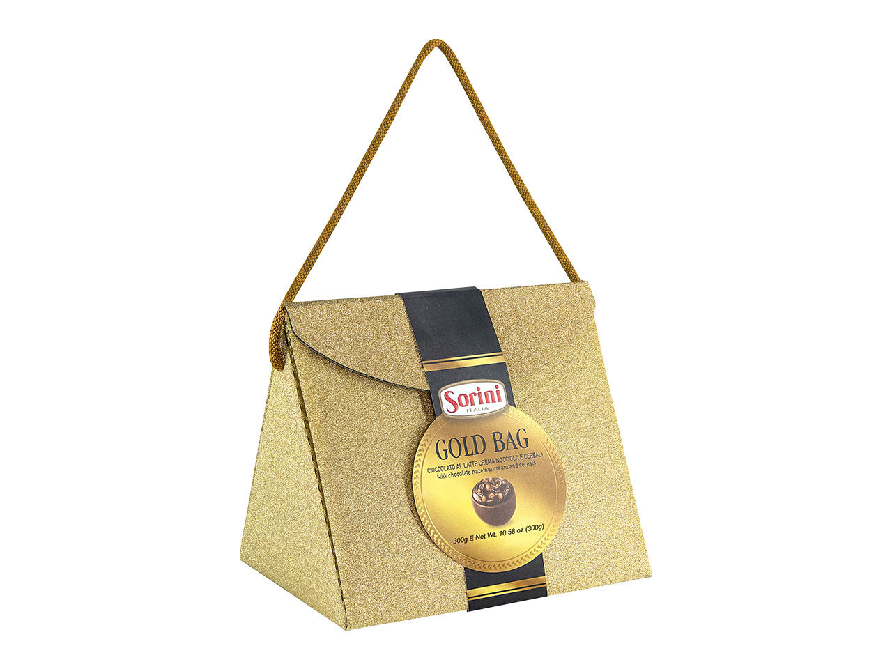 Borrsetta glitter grande 300gr con cioccolatini al latte ripieno di crema alla nocciola e cereali