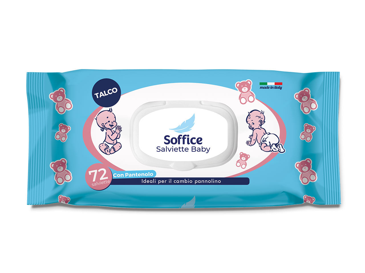 Soffice salviettine per bambini al talco - la confezione contiene 72 salviettine
