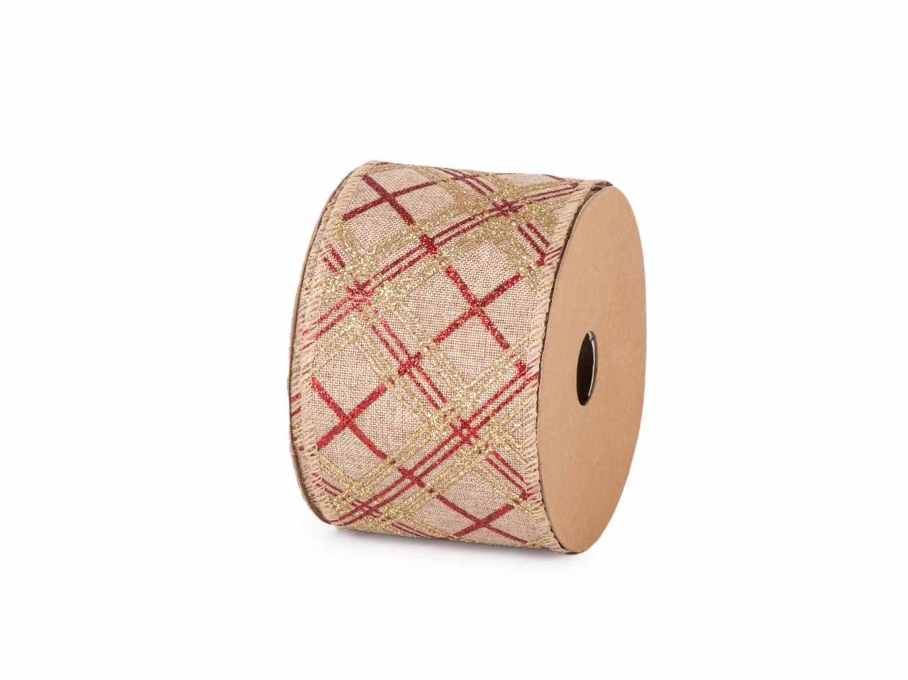 Nastro archie 63mmx10mt naturale con glitter rossi e oro