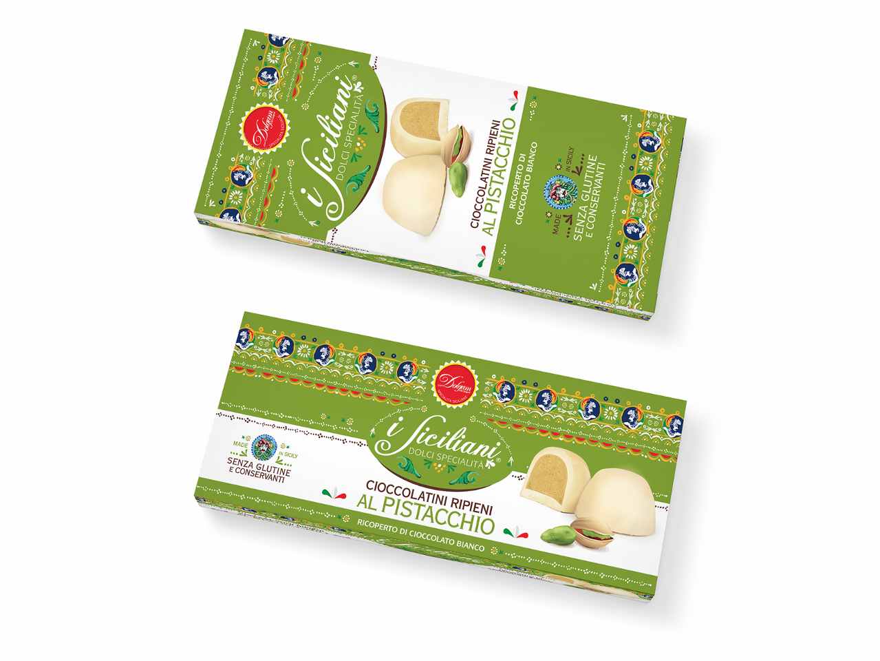 Scatola cioccolatini in purissimo cioccolato bianco con ripieno al pistacchio 130gr
