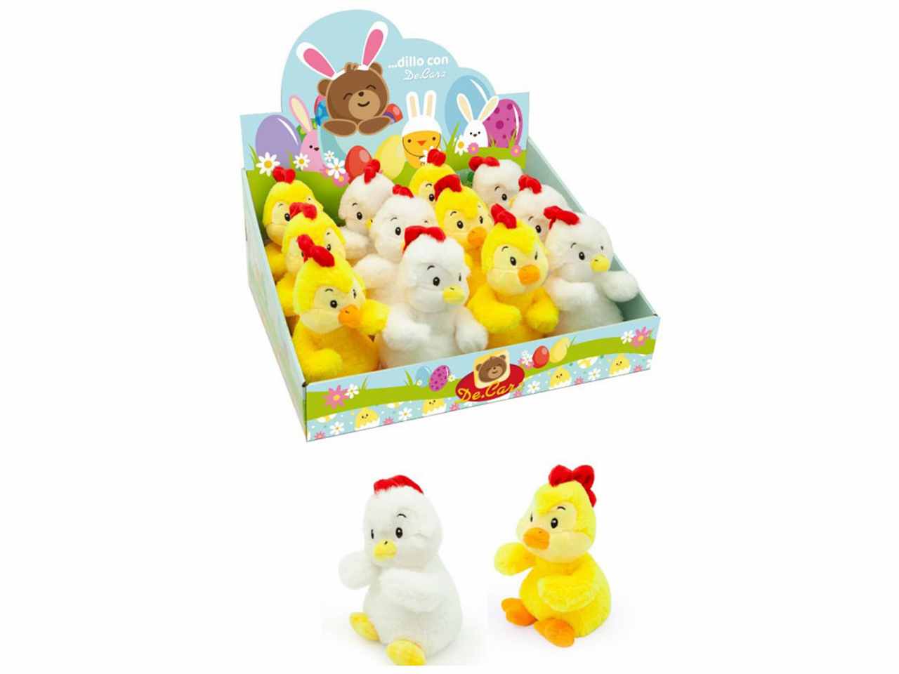 peluche gallina cartoon h.17cm 2 colori in display da 20 pezzi