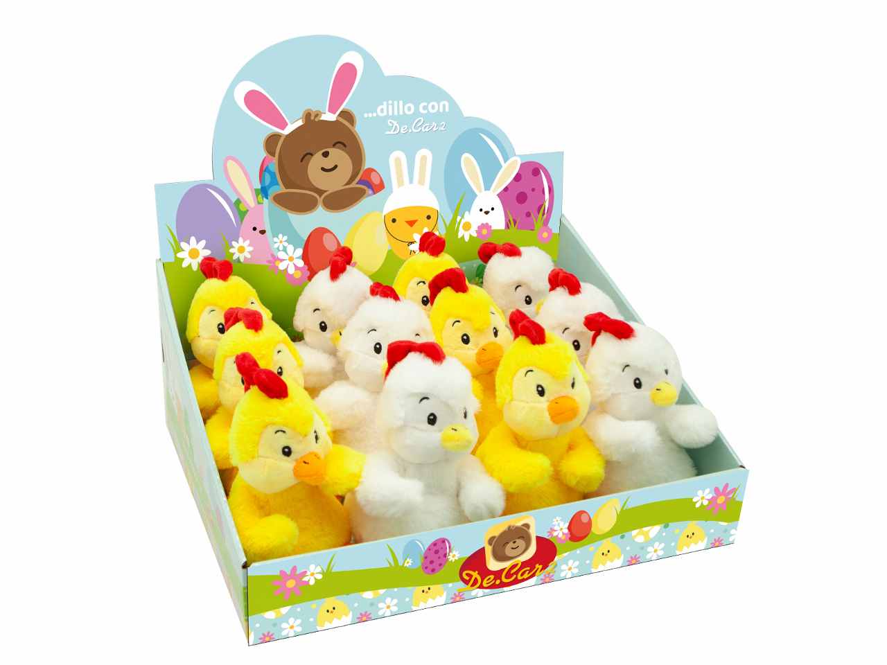 peluche gallina cartoon h.17cm 2 colori in display da 20 pezzi