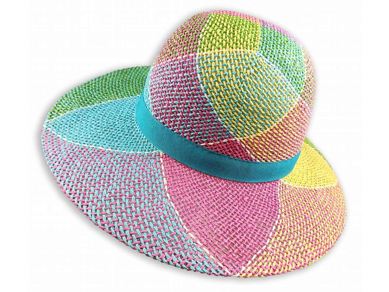 Cappello pamela da donna in carta multicolor toni arancio e verde o azzurro fucsia misura 57cm