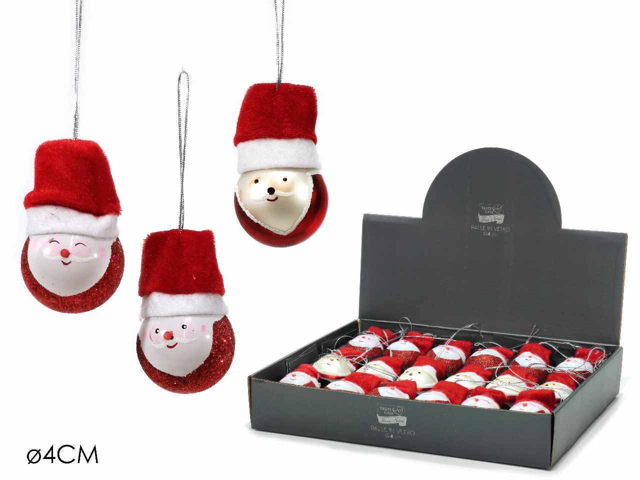Palla in vetro natalizia d.4cm  con cappello di babbo natale 3 assortimenti
