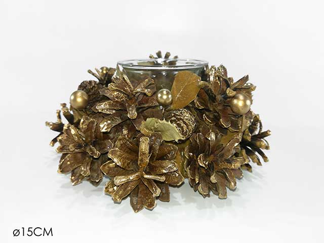 porta candela con pigne d.15cm oro 408582