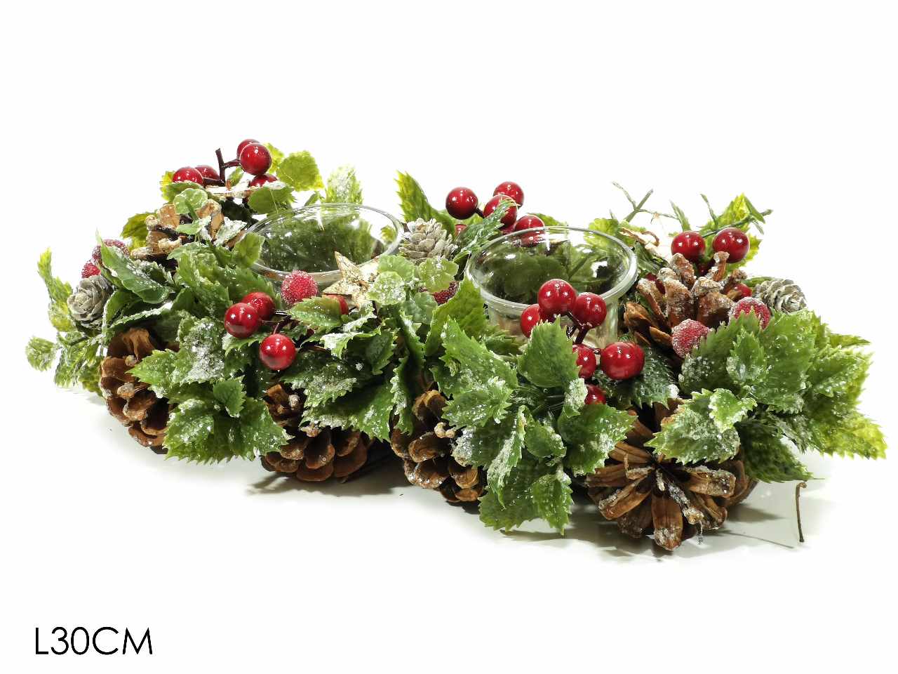 portacandela con bacche rosse 2 posti 30cm