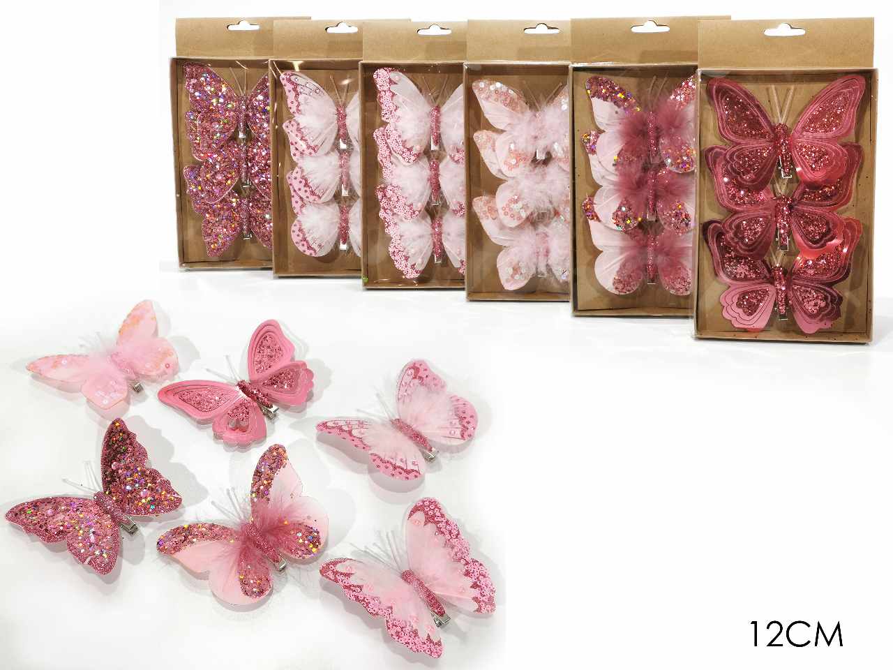 Farfalle 3 pezzi con mollettina 12cm rosa 6 assortimenti