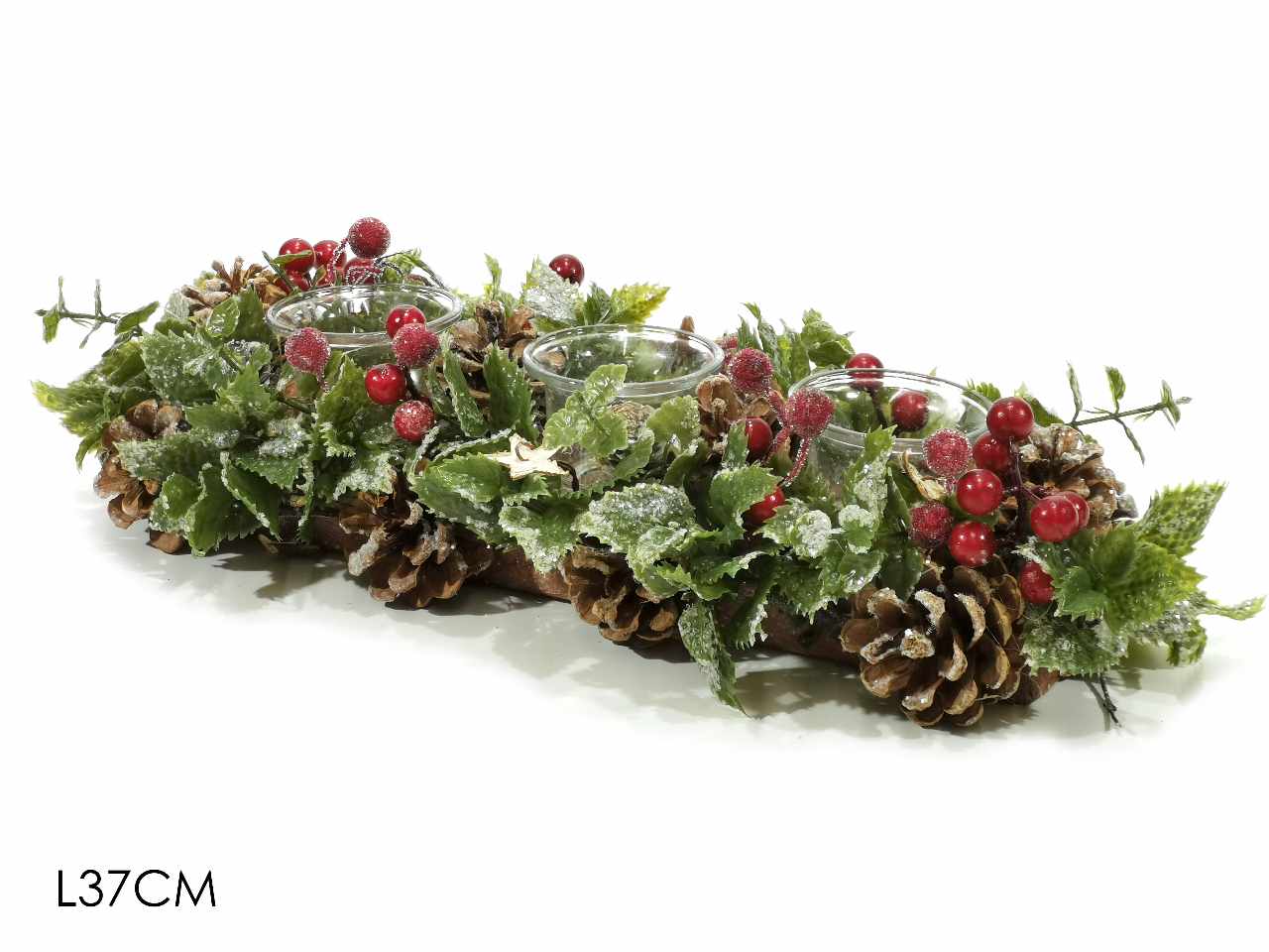 PORTACANDELE CON BACCHE ROSSE 3 POSTI 37CM