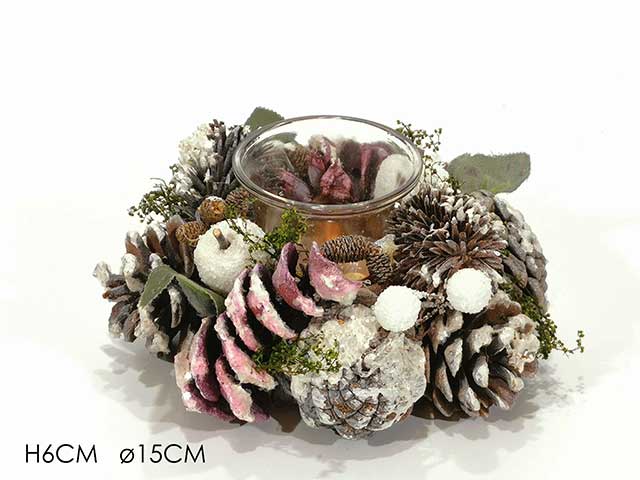 porta candela con pigne 1porta 15cm bia.con rosa408658