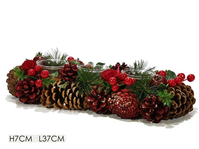 porta candela con bacche rosse 3porta 37cm 408637
